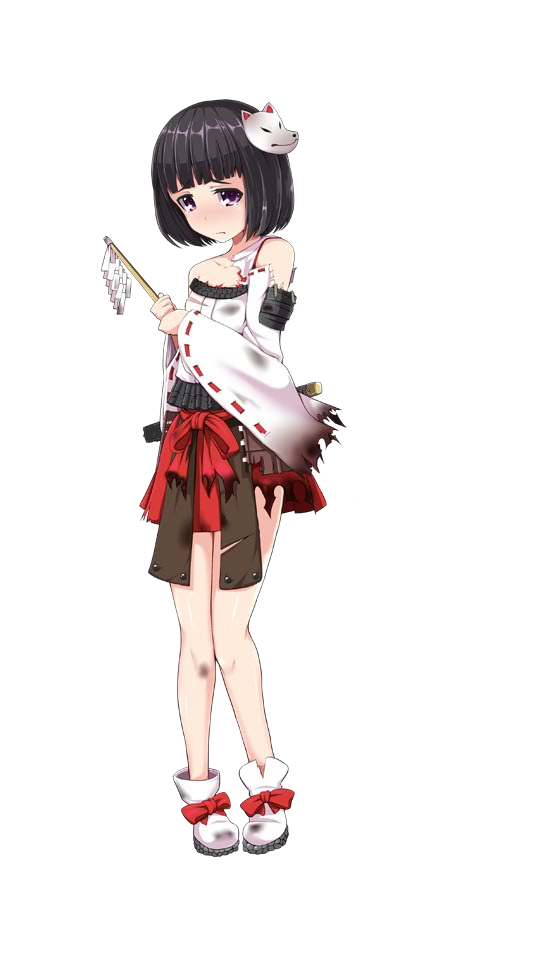 1girl bare_shoulders black_hair detached_sleeves fox_mask full_body japanese_clothes kichihachi mask miko nontraditional_miko oshiro_project oshiro_project_re pleated_skirt red_skirt short_hair skirt solo torn_clothes torn_skirt transparent_background violet_eyes yatome_(oshiro_project)