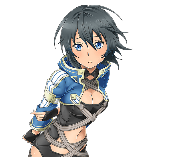 1girl arms_behind_back black_gloves black_hair blue_eyes breasts cleavage fingerless_gloves gloves hair_between_eyes leaning_forward medium_breasts midriff navel parted_lips philia_(sao) short_hair solo standing stomach sword_art_online transparent_background