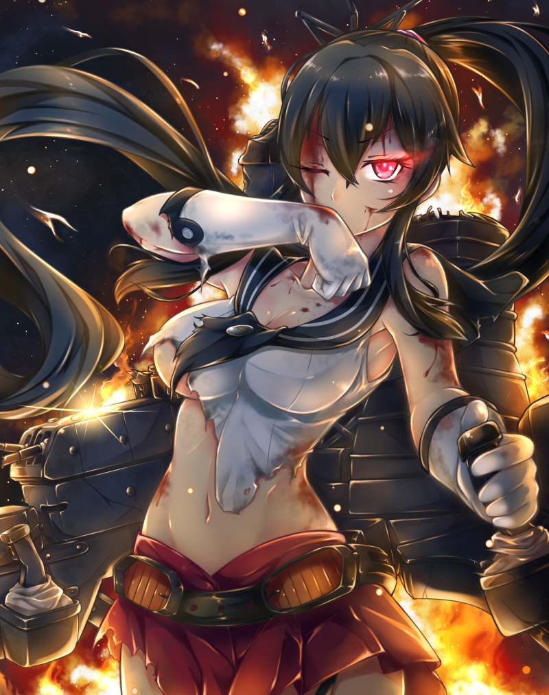 1girl backlighting bangs bare_shoulders battle belt black_hair blood blood_on_face bloody_clothes breasts cleavage collarbone cowboy_shot eyebrows_visible_through_hair fire floating_hair glint gloves glowing glowing_eye hair_between_eyes hair_ornament hair_scrunchie impossible_clothes impossible_shirt injury kantai_collection large_breasts long_hair looking_at_viewer machinery miniskirt miyabi_urumi navel one_eye_closed pleated_skirt ponytail red_eyes red_skirt school_uniform scratches scrunchie serafuku serious shiny shiny_hair shirt skirt sleeveless sleeveless_shirt smoke solo sparks standing stomach torn_clothes torn_gloves torn_shirt torn_skirt turret very_long_hair white_gloves wind wiping_mouth yahagi_(kantai_collection)