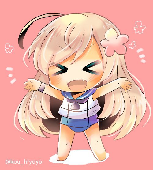 &gt;_&lt; 1girl :d blonde_hair chibi closed_eyes covered_navel crop_top fang flower full_body hair_flower hair_ornament kantai_collection kouu_hiyoyo one-piece_swimsuit one-piece_tan open_mouth ro-500_(kantai_collection) sailor_collar school_swimsuit smile solo standing swimsuit swimsuit_under_clothes tan tanline twitter_username wristband xd