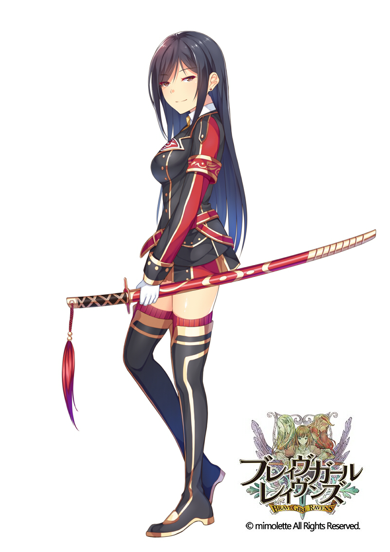 1girl armband black_boots black_hair blush boots brave_girl_ravens breasts brown_eyes ear_piercing from_side full_body holding holding_sword holding_weapon horosuke_(toot08) katana long_hair looking_at_viewer looking_to_the_side medium_breasts military military_uniform miniskirt official_art piercing red_legwear sheath sheathed sidelocks skirt smile solo standing sword thigh-highs thigh_boots thighhighs_under_boots uniform weapon