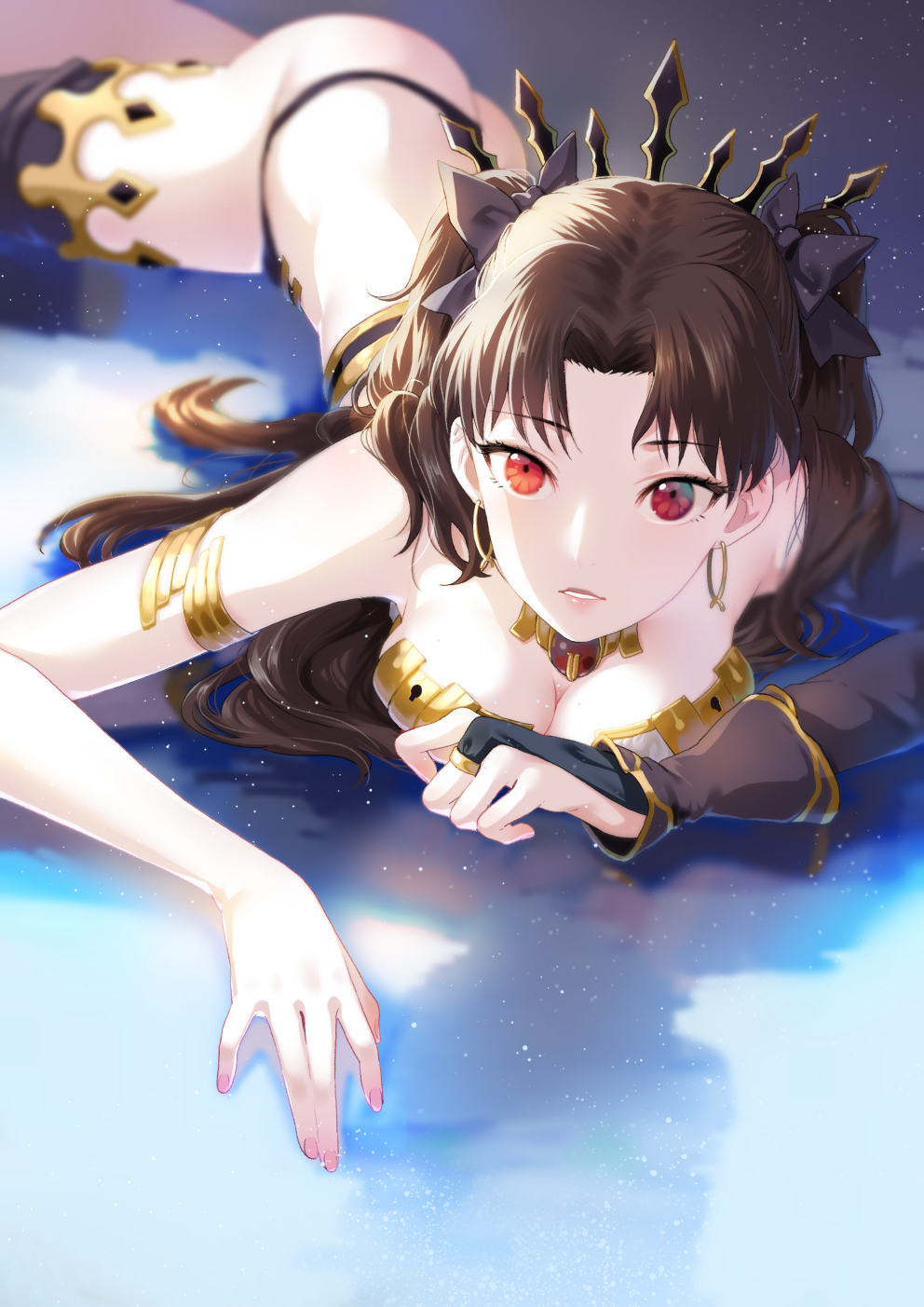 1girl ass asymmetrical_sleeves black_hair blurry breasts cleavage depth_of_field earrings elbow_gloves fate/grand_order fate_(series) furururu gloves highres hoop_earrings ishtar_(fate/grand_order) jewelry long_hair looking_at_viewer lying on_stomach parted_lips red_eyes single_elbow_glove single_thighhigh solo thigh-highs tohsaka_rin