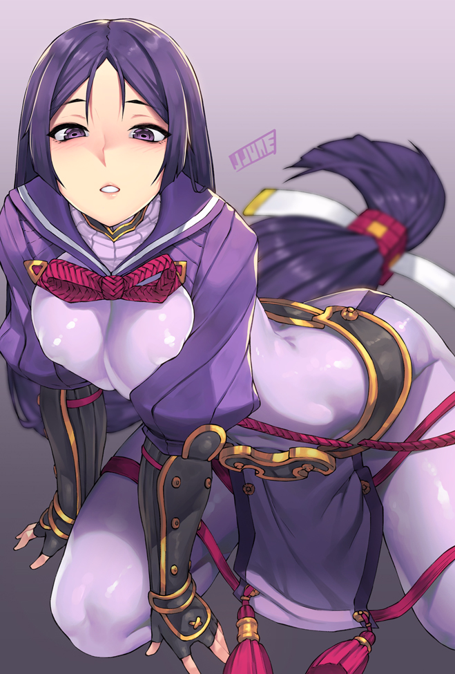 1girl arm_guards arms_at_sides artist_name black_gloves blush bodysuit breasts erect_nipples fate/grand_order fate_(series) fingerless_gloves gloves gradient gradient_background half-closed_eyes japanese_clothes jjune kneeling large_breasts long_hair low-tied_long_hair minamoto_no_raikou_(fate/grand_order) parted_lips pelvic_curtain pink_lips purple_bodysuit purple_hair purple_sailor_collar rope shiny shiny_clothes skin_tight smile solo tassel teeth very_long_hair violet_eyes