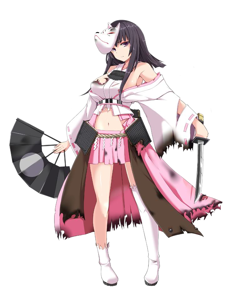 1girl bare_shoulders black_hair boots breasts detached_sleeves fan fox_mask full_body holding holding_fan holding_weapon japanese_clothes kichihachi kubota_(oshiro_project) large_breasts long_hair looking_at_viewer mask midriff navel nontraditional_miko oshiro_project oshiro_project_re pink_skirt pleated_skirt short_sword skirt solo sword thigh-highs thigh_boots torn_boots torn_clothes transparent_background violet_eyes weapon