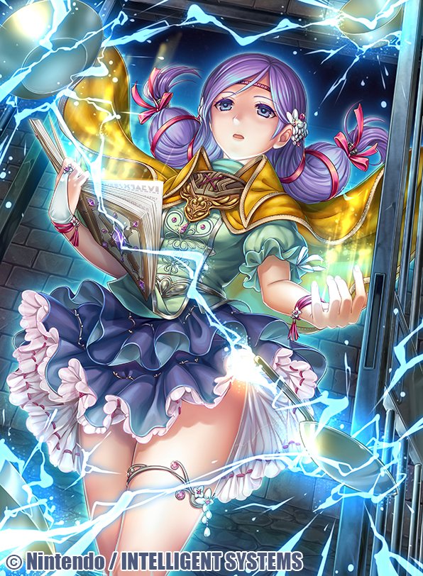 1girl book bow bowtie cape circlet commentary_request company_connection copyright_name electricity fire_emblem fire_emblem:_akatsuki_no_megami fire_emblem:_souen_no_kiseki fire_emblem_cipher fumi_(butakotai) hair_bow hair_ornament holding holding_book ilyana indoors lavender_hair long_hair miniskirt official_art open_mouth puffy_short_sleeves puffy_sleeves short_sleeves skirt solo
