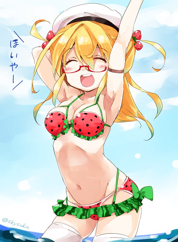 1girl bikini blonde_hair closed_eyes cowboy_shot food_print food_themed_hair_ornament frilled_bikini frills glasses hair_ornament hat i-8_(kantai_collection) kantai_collection low_twintails peaked_cap red-framed_eyewear red_bikini semi-rimless_glasses solo strawberry_hair_ornament suka swimsuit thigh-highs twintails under-rim_glasses water watermelon_print white_hat white_legwear