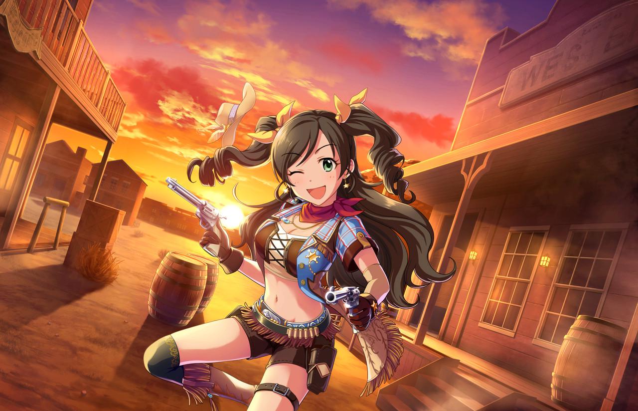 1girl artist_request bandolier barrel belt boots bow breasts cleavage cowboy_hat crop_top drill_hair dual_wielding fringe gloves gun hair_bow handgun hat idolmaster idolmaster_cinderella_girls idolmaster_cinderella_girls_starlight_stage jewelry jpeg_artifacts looking_at_viewer medium_breasts midriff navel nonomura_sora official_art one_eye_closed open_mouth pendant revolver scarf short_shorts short_sleeves shorts smile solo sun sunset trigger_discipline twin_drills twintails weapon western