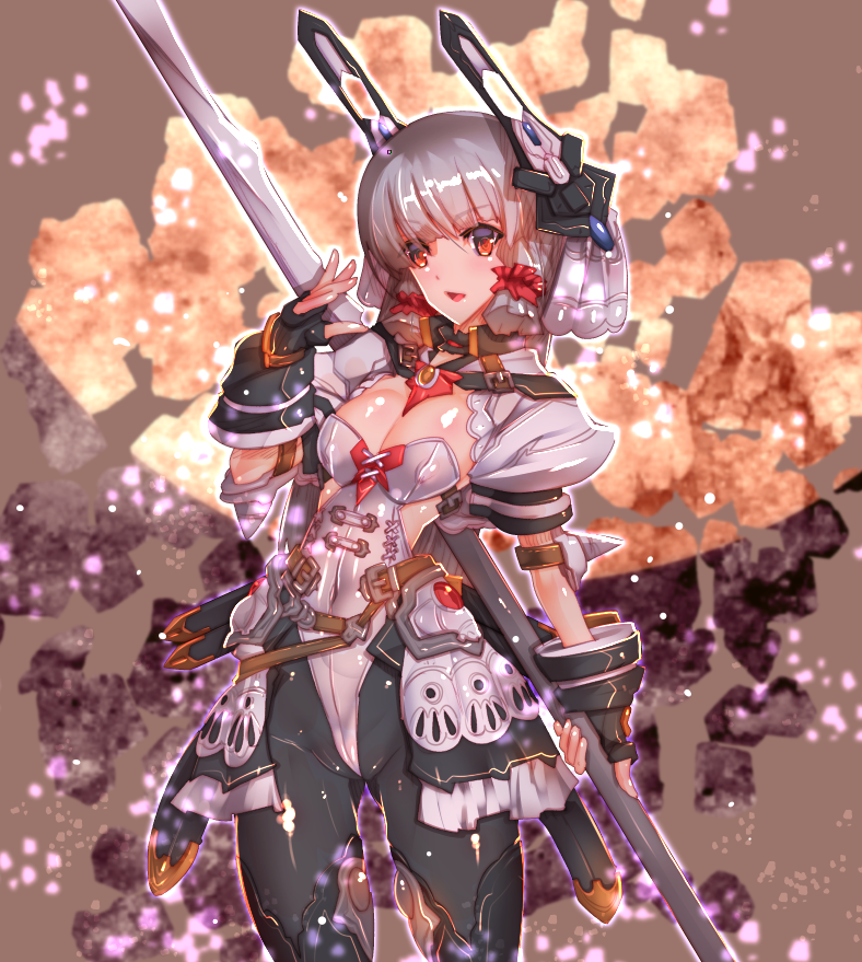 1girl abstract_background alternate_costume bangs belt black_gloves blunt_bangs blush breasts cleavage commentary_request cowboy_shot fingerless_gloves frilled_skirt frills gloves grey_hair hair_ornament hair_ribbon hair_scrunchie headgear holding holding_weapon kantai_collection lance leotard long_hair looking_to_the_side murakumo_(kantai_collection) open_mouth orange_eyes pantyhose polearm puffy_short_sleeves puffy_sleeves ribbon satoyasu scrunchie short_sleeves skirt solo tress_ribbon weapon