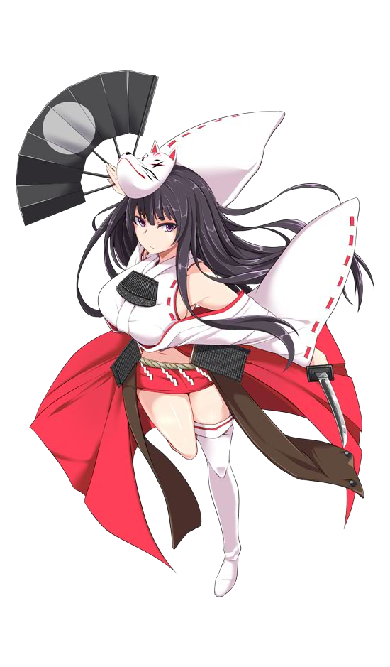 1girl bare_shoulders black_hair boots breasts detached_sleeves fan fox_mask full_body holding holding_fan holding_weapon japanese_clothes kichihachi kubota_(oshiro_project) large_breasts long_hair looking_at_viewer mask midriff nontraditional_miko oshiro_project oshiro_project_re pink_skirt pleated_skirt short_sword skirt sword thigh-highs thigh_boots transparent_background violet_eyes weapon
