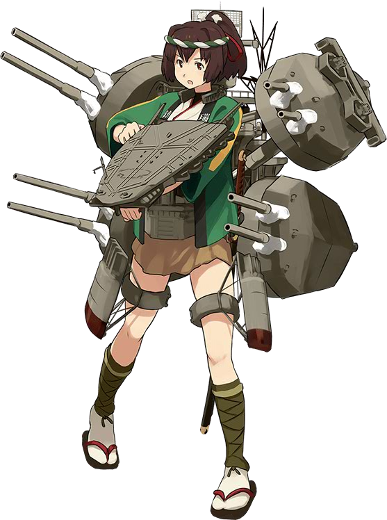 1girl alternate_costume brown_hair cannon flight_deck game_cg hair_ribbon ise_(kantai_collection) japanese_clothes kantai_collection katana machinery nontraditional_miko official_art ponytail radar ribbon sandals shibafu_(glock23) skirt solo sword turret weapon