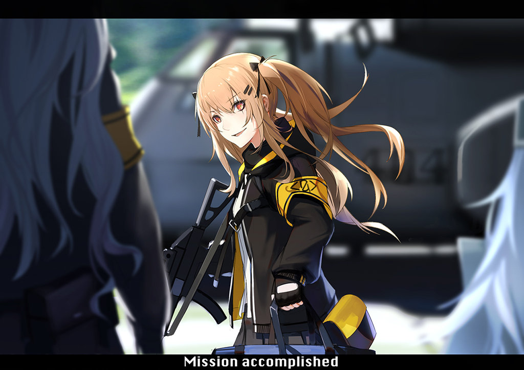 3girls aircraft armband bag blue_hair blurry brown_eyes brown_hair character_request day depth_of_field english fingerless_gloves from_side girls_frontline gloves gun hair_ornament hairclip helicopter holding jacket long_hair machine_gun multiple_girls narcolepsy-1900 open_clothes open_jacket parted_lips scar scar_across_eye twintails ump9_(girls_frontline) very_long_hair weapon wind