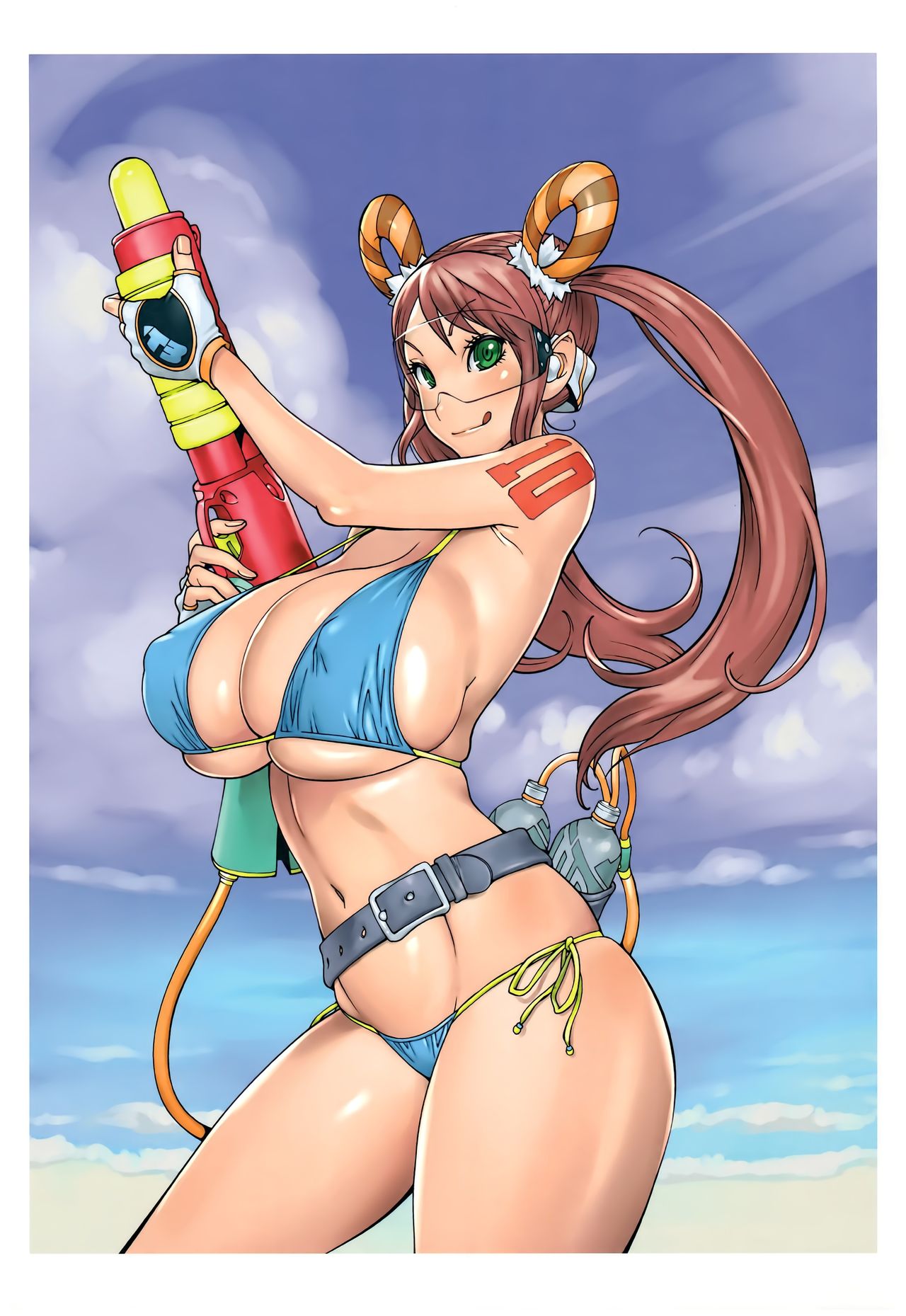 1girl beach belt bikini bottle breasts brown_hair cleavage erect_nipples gloves green_eyes highres huge_breasts kotoyoshi_yumisuke long_hair looking_at_viewer navel safety_glasses skindentation solo standing string_bikini super_soaker swimsuit tattoo tongue tongue_out twintails water_bottle