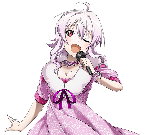 1girl ;d ahoge bracelet breasts cleavage collarbone dress holding holding_microphone jewelry large_breasts long_hair microphone mole mole_on_breast neck_ribbon necklace one_eye_closed open_mouth pink_dress purple_ribbon red_eyes ribbon silver_hair smile solo standing strea sword_art_online transparent_background upper_body