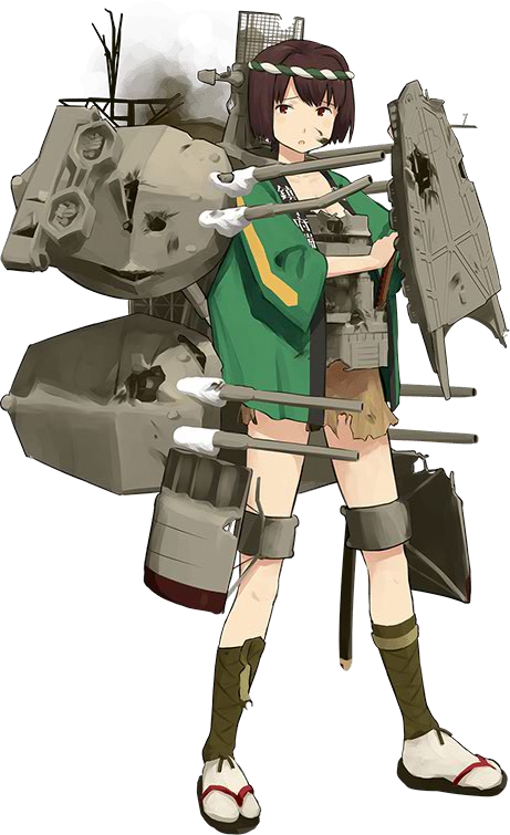 1girl alternate_costume bob_cut brown_hair burnt_clothes cannon flight_deck game_cg hair_ribbon hyuuga_(kantai_collection) japanese_clothes kantai_collection katana machinery nontraditional_miko official_art radar ribbon sandals shibafu_(glock23) skirt solo sword turret weapon