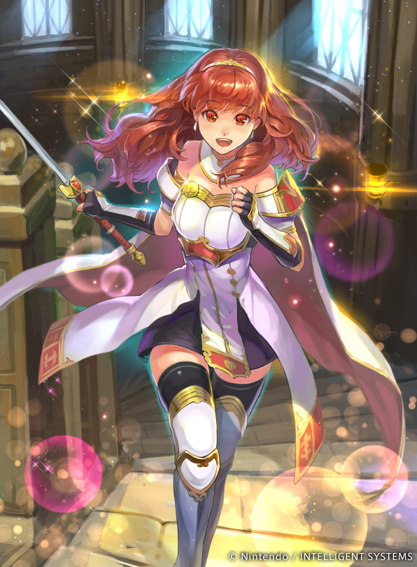 1girl armor bare_shoulders cape celica_(fire_emblem) dress fingerless_gloves fire_emblem fire_emblem_echoes:_mou_hitori_no_eiyuuou gloves hmk84 long_hair official_art open_mouth red_eyes redhead smile solo tiara watermark
