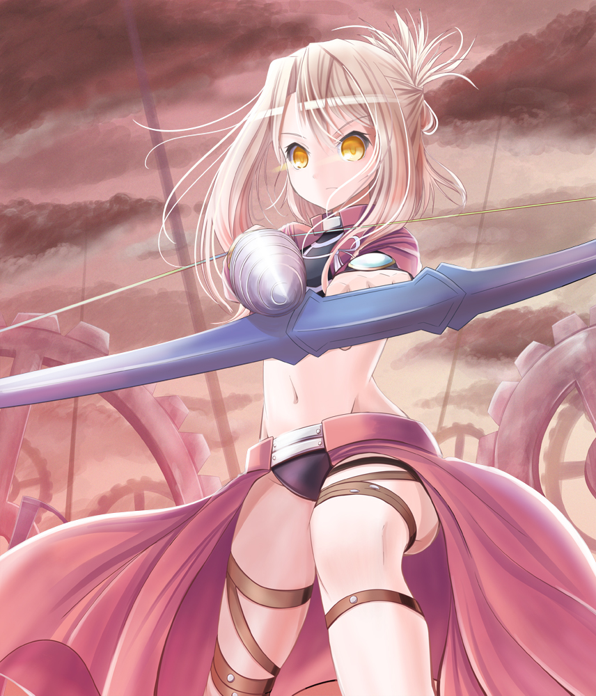 1girl aiming_at_viewer aoi_usagi_(marinebluerabbit) archer archer_(cosplay) arrow black_pants cosplay crop_top fate/kaleid_liner_prisma_illya fate_(series) floating_hair groin hair_between_eyes holding_bow_(weapon) illyasviel_von_einzbern long_hair looking_at_viewer midriff navel outdoors pants silver_hair solo unlimited_blade_works yellow_eyes