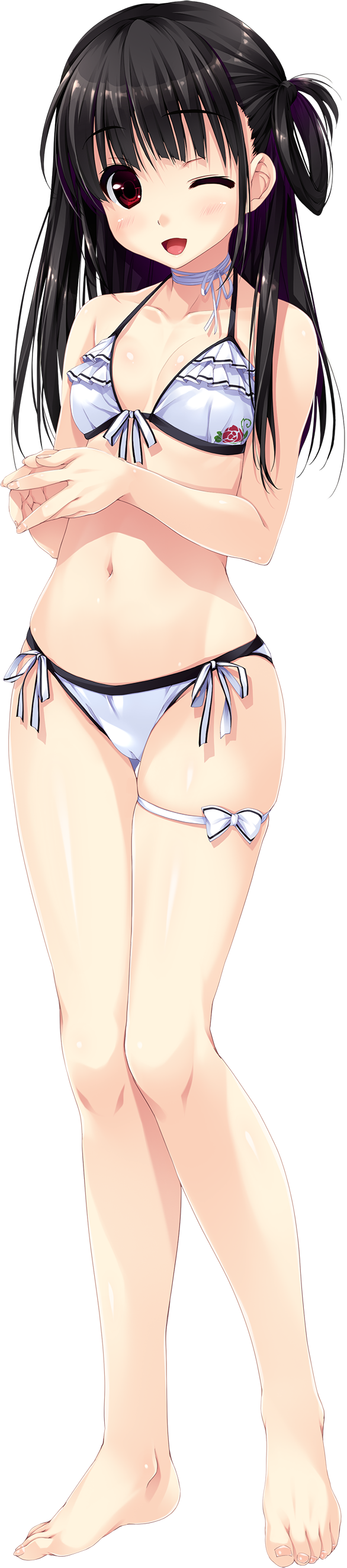 1girl absurdres bangs bare_shoulders barefoot bikini black_hair breasts choker cleavage collarbone eyebrows_visible_through_hair feet front-tie_bikini front-tie_top full_body halterneck haruru_minamo_ni! highres long_hair long_image navel official_art one_eye_closed open_mouth red_eyes ribbon shintarou side-tie_bikini small_breasts smile solo standing swimsuit tall_image toes transparent_background white_bikini yamagami_miori