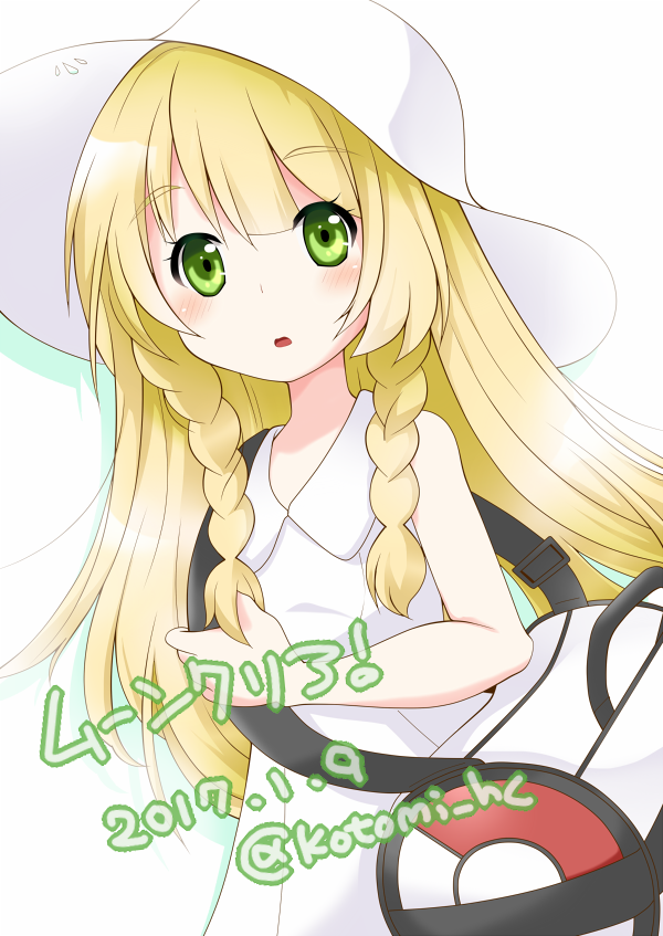 1girl bangs bare_shoulders blonde_hair blush braid collared_dress commentary_request dated dress eyebrows_visible_through_hair flat_chest green_eyes hat kotomi_(happy_colors) lillie_(pokemon) long_hair looking_at_viewer open_mouth pokemon pokemon_(game) pokemon_sm shadow simple_background sleeveless sleeveless_dress solo sun_hat sundress translation_request twin_braids twitter_username upper_body white_background white_dress white_hat