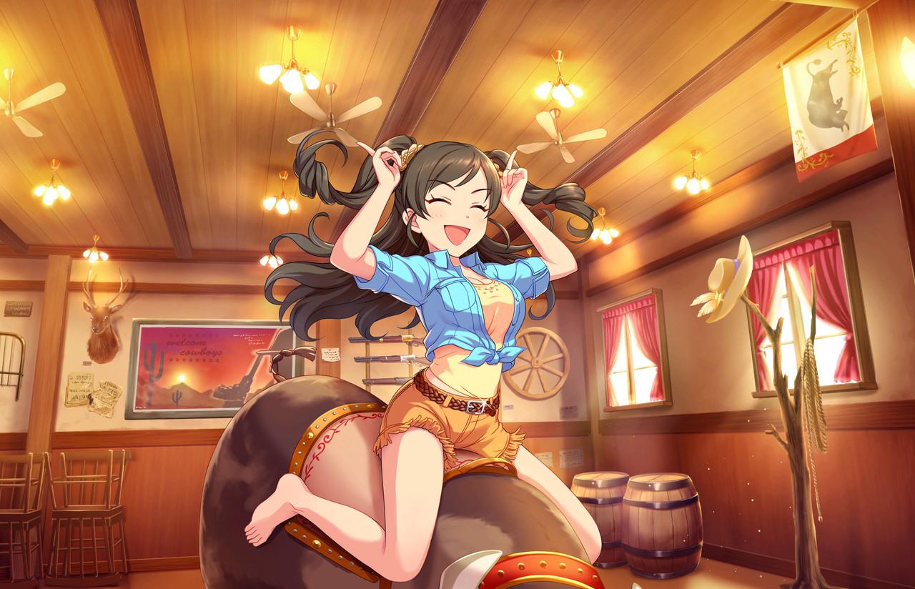 1girl :d ^_^ barefoot belt ceiling_fan closed_eyes curtains feet fringe front-tie_top gun horns_pose idolmaster idolmaster_cinderella_girls idolmaster_cinderella_girls_starlight_stage jpeg_artifacts lever_action mechanical_bull nonomura_sora official_art open_mouth rifle shirt shorts smile solo tied_shirt toes two_side_up weapon western window