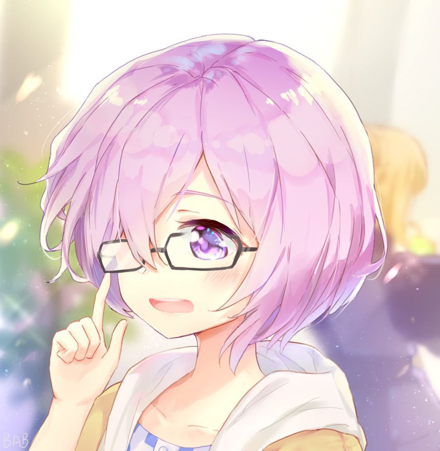 1girl adjusting_glasses babouo blush collarbone eyebrows_visible_through_hair fate/grand_order fate_(series) glasses hair_over_one_eye open_mouth purple_hair shielder_(fate/grand_order) short_hair signature solo teeth upper_body violet_eyes