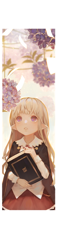 1girl blonde_hair book cape echosdoodle flower holding long_hair looking_up original parted_lips pointy_ears skirt solo violet_eyes