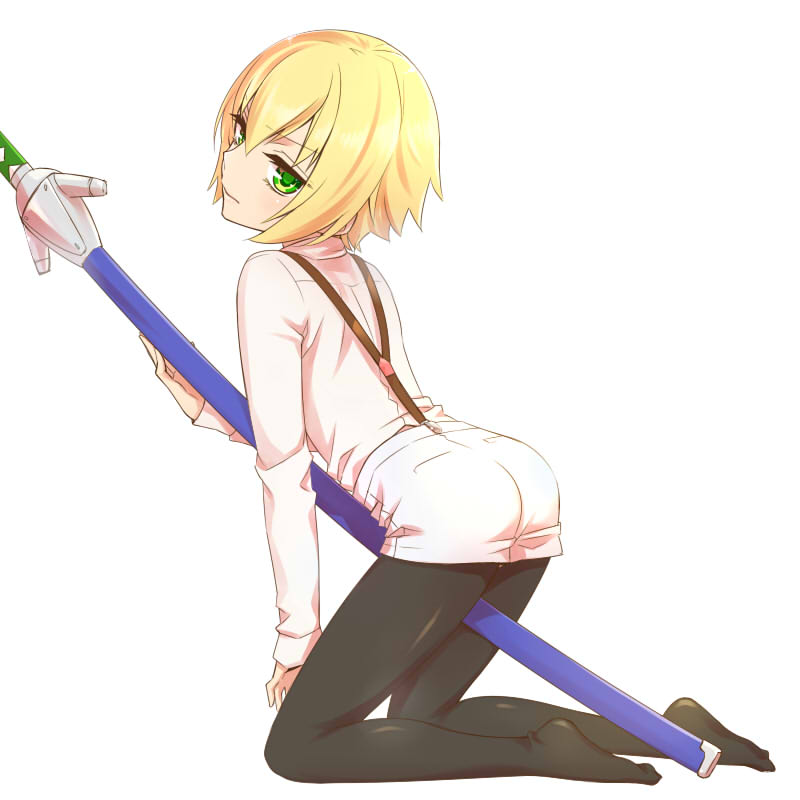 1boy age_regression blazblue blazblue:_calamity_trigger blazblue:_central_fiction blazblue:_chronophantasma blazblue:_continuum_shift blonde_hair child green_eyes holding holding_sword holding_weapon kisaragi_jin long_sleeves looking_at_viewer potato_(oriha94) simple_background solo sword thigh-highs weapon white_background younger