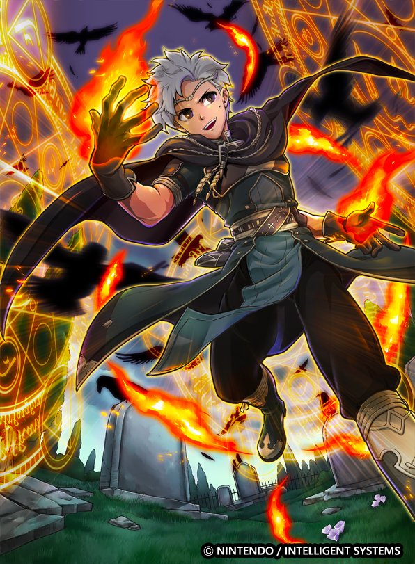 1boy bird boey_(fire_emblem) boots brown_eyes cape circlet company_name crow dark_skin fire fire_emblem fire_emblem_cipher fire_emblem_echoes:_mou_hitori_no_eiyuuou gloves grass magic_circle male_focus official_art open_mouth solo teeth tombstone tree white_hair