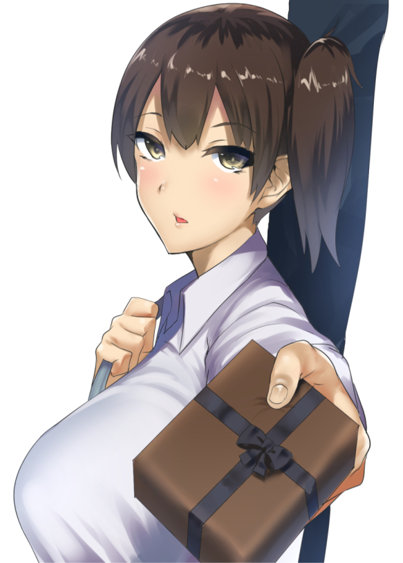 1girl blush box breasts brown_eyes brown_hair foreshortening from_side gift gift_box giving hair_between_eyes incoming_gift kaga_(kantai_collection) kantai_collection large_breasts looking_at_viewer looking_to_the_side mu-nyako parted_lips short_hair side_ponytail solo upper_body valentine