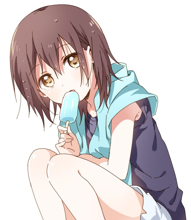 1girl :o armpit_peek blue_shirt blue_towel brown_hair dot_nose eyebrows_visible_through_hair eyelashes food funami_yui gari_gari-kun hair_between_eyes hair_pulled_back holding holding_food hot ice_cream light_brown_eyes looking_at_viewer namori open_mouth popsicle shirt short_hair shorts simple_background sleeveless sleeveless_shirt solo squatting tareme towel towel_around_neck wet wet_hair white_background white_shorts yuru_yuri