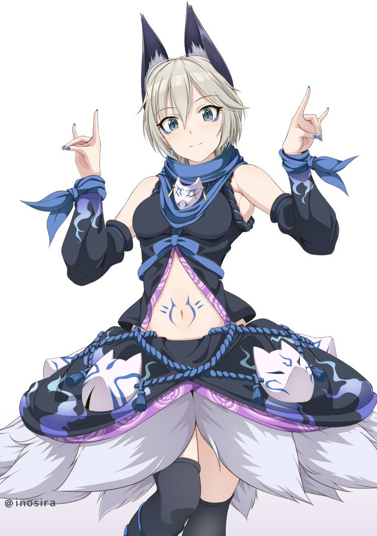 1girl anastasia_(idolmaster) animal_ears bare_shoulders black_legwear black_skirt blue_eyes blue_nails blue_scarf breasts detached_sleeves earrings eyelashes eyeliner flame_print fox_ears fox_mask fox_shadow_puppet fox_tail idolmaster idolmaster_cinderella_girls inoshira jewelry looking_at_viewer makeup mask medium_breasts midriff nail_polish navel rope scarf short_hair silver_hair simple_background skirt smile solo stomach_tattoo tail thighs twitter_username