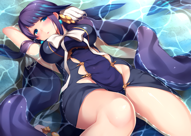 1girl arm_up bangs bare_legs blue_eyes blush breasts character_request commentary_request dress head_tilt in_water large_breasts looking_at_viewer lying on_back outdoors parted_lips purple_hair ribbon sidelocks sinoalice solo twintails water wet wet_clothes white_ribbon xayux
