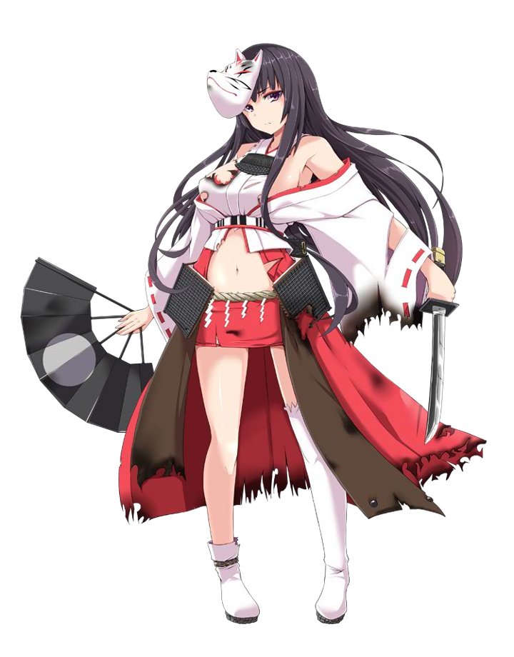 1girl bare_shoulders black_hair boots breasts detached_sleeves fan fox_mask full_body holding holding_fan holding_weapon japanese_clothes kichihachi kubota_(oshiro_project) large_breasts long_hair looking_at_viewer mask midriff mismatched_legwear navel nontraditional_miko oshiro_project oshiro_project_re red_skirt short_sword skirt solo sword thigh-highs thigh_boots torn_boots torn_clothes transparent_background violet_eyes weapon