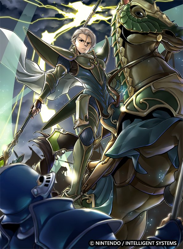 1boy armor armored_boots black_eyes boots clouds cloudy_sky company_name electricity faceless faceless_male fernand_(fire_emblem) fingerless_gloves fire_emblem fire_emblem_cipher fire_emblem_echoes:_mou_hitori_no_eiyuuou gloves helmet horse male_focus official_art polearm sky solo spear weapon white_hair