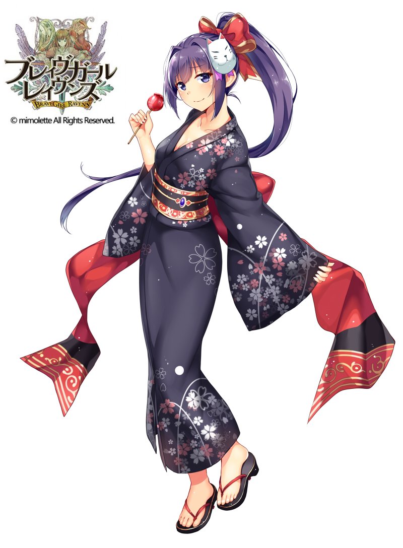 1girl bangs blush bow brave_girl_ravens candy_apple cat_mask clog_sandals feet floral_print food full_body hair_bow horosuke_(toot08) japanese_clothes kimono long_hair long_sleeves looking_at_viewer mask mask_on_head obi official_art ponytail purple_hair red_bow sash sidelocks smile solo standing toes violet_eyes wide_sleeves yukata