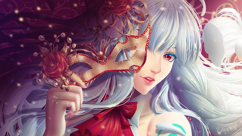 1girl artist_name ascot braid colored_eyelashes dress eyelashes flower hair_flower hair_ornament holding holding_mask light_smile long_hair lumi_(vocaloid) mask mask_over_one_eye nail_polish parted_lips portrait realistic red_ascot red_eyes red_nails red_rose removing_mask rialynkv rose shoulder_tattoo side_braid signature silver_hair single_braid sleeveless sleeveless_dress solo tattoo teeth vocaloid white_dress