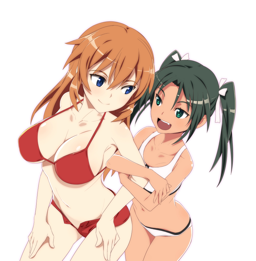 2girls arm_hug bikini black_hair blue_eyes blush breasts charlotte_e_yeager cleavage collarbone fang francesca_lucchini green_eyes hair_ribbon large_breasts long_hair looking_at_another multiple_girls nanashino navel open_fly orange_hair red_bikini ribbon smile strike_witches swimsuit twintails white_bikini world_witches_series