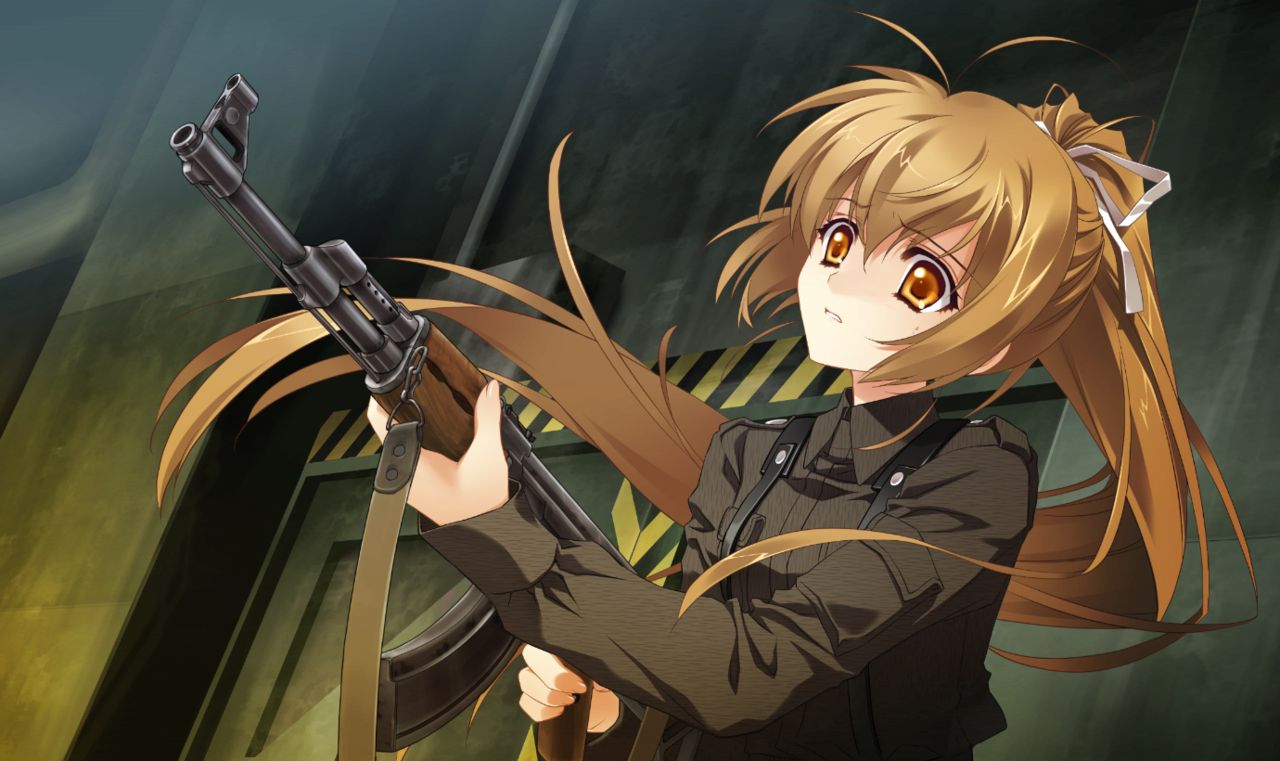 1girl antenna_hair brown_hair brown_shirt carnelian eyebrows_visible_through_hair game_cg gun hair_between_eyes hair_ribbon high_ponytail holding holding_gun holding_weapon indoors katia_waldheim long_hair military military_uniform official_art orange_eyes ribbon rifle schwarzesmarken shirt solo uniform upper_body very_long_hair weapon white_ribbon