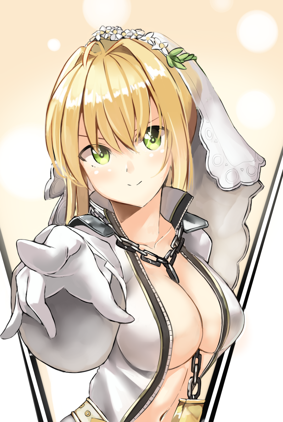 1girl bangs between_breasts bodysuit breasts bridal_veil chains cleavage closed_mouth fate/extra fate/extra_ccc fate_(series) foreshortening green_eyes highres i.f.s.f large_breasts lock outstretched_arm pointing pointing_at_viewer saber_bride saber_extra sidelocks smile solo unzipped veil