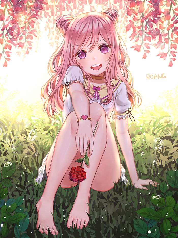 1girl artist_name blush bracelet bubble double_bun eyebrows_visible_through_hair flower heart holding holding_flower jewelry long_hair looking_at_viewer open_mouth original pink_eyes pink_hair red_rose roang rose signature sitting smile solo teeth