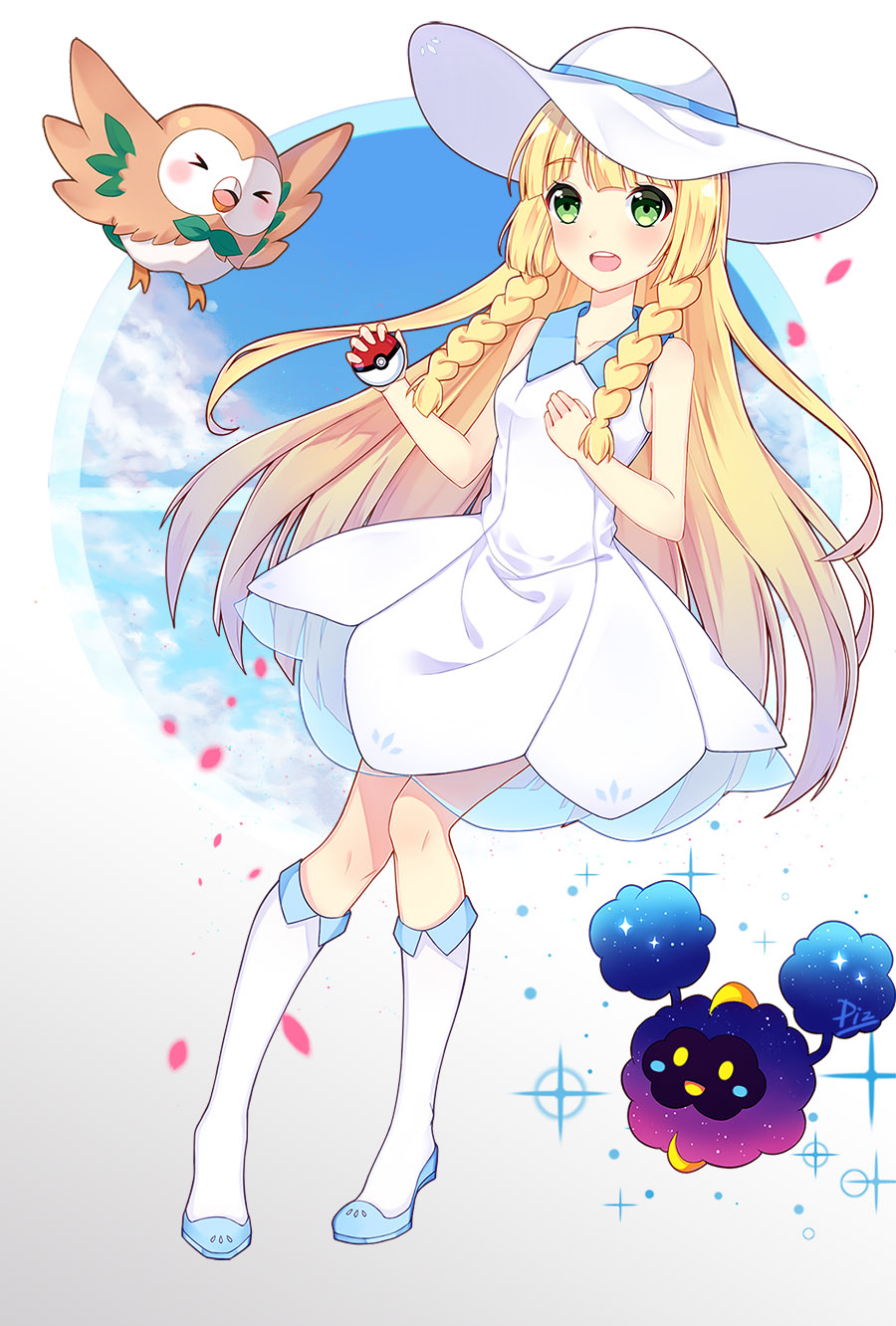 &gt;_&lt; 1girl :d akipiz bangs bare_shoulders blonde_hair blue_ribbon blue_shoes blue_sky blunt_bangs blush braid breasts closed_eyes clouds collarbone collared_dress commentary_request cosmog day dress eyebrows_visible_through_hair green_eyes hat hat_ribbon highres holding holding_poke_ball kneehighs lillie_(pokemon) long_hair looking_at_viewer ocean open_mouth petals poke_ball pokemon pokemon_(creature) pokemon_(game) pokemon_sm ribbon rowlet see-through shoes signature sky sleeveless sleeveless_dress small_breasts smile sparkle standing sun_hat sundress twin_braids very_long_hair water white_dress white_hat white_legwear