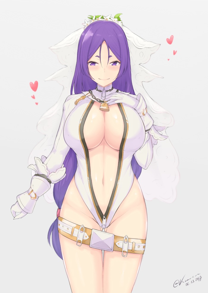 1girl belt belt_buckle blush breasts bridal_veil buckle center_opening chain_necklace cleavage cosplay dated fate/extra fate/extra_ccc fate/grand_order fate_(series) flower_wreath hand_on_own_chest heart hips kuavera large_breasts leotard lock long_hair looking_at_viewer low-tied_long_hair minamoto_no_raikou_(fate/grand_order) navel purple_hair saber_bride saber_bride_(cosplay) saber_extra signature simple_background sleeve_cuffs smile solo thighs veil very_long_hair violet_eyes zipper zipper_pull_tab