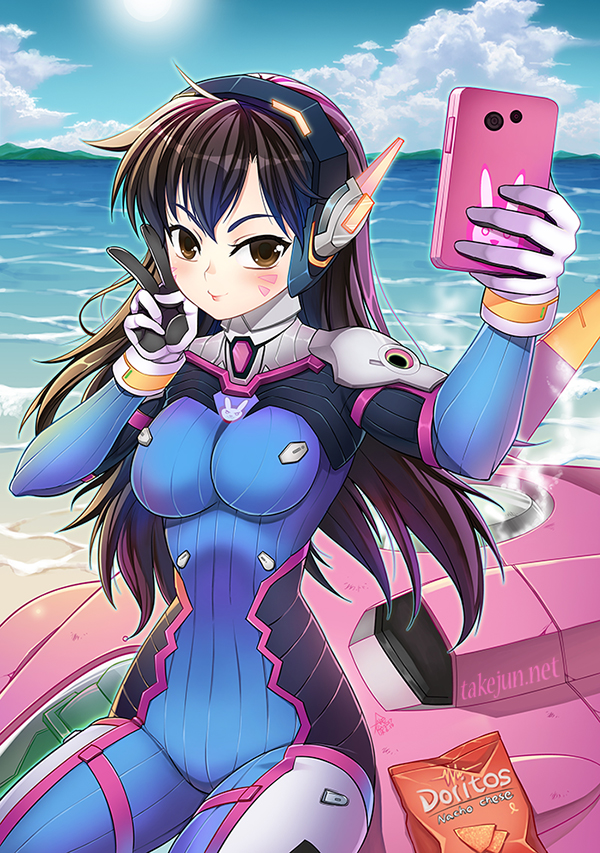 1girl animal_print bangs beach blue_bodysuit blue_sky bodysuit breasts brown_eyes brown_hair bunny_print cellphone covered_navel cowboy_shot d.va_(overwatch) day doritos facepaint facial_mark gloves headphones high_collar holding holding_phone impossible_bodysuit impossible_clothes long_hair looking_at_viewer mecha medium_breasts meka_(overwatch) outdoors overwatch phone pilot_suit pink_lips ribbed_bodysuit shore shoulder_pads sitting sitting_on_object skin_tight sky smartphone smile solo swept_bangs takejun v whisker_markings white_gloves