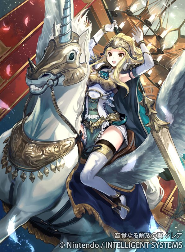 1girl armor arms_up blonde_hair breastplate brown_eyes chandelier clair_(fire_emblem) company_name dress elbow_gloves feathers fire_emblem fire_emblem_cipher fire_emblem_echoes:_mou_hitori_no_eiyuuou gloves helmet kawasumi_(japonica) long_hair official_art open_mouth pegasus pegasus_knight polearm ponytail riding short_dress shoulder_armor solo thigh-highs weapon white_gloves