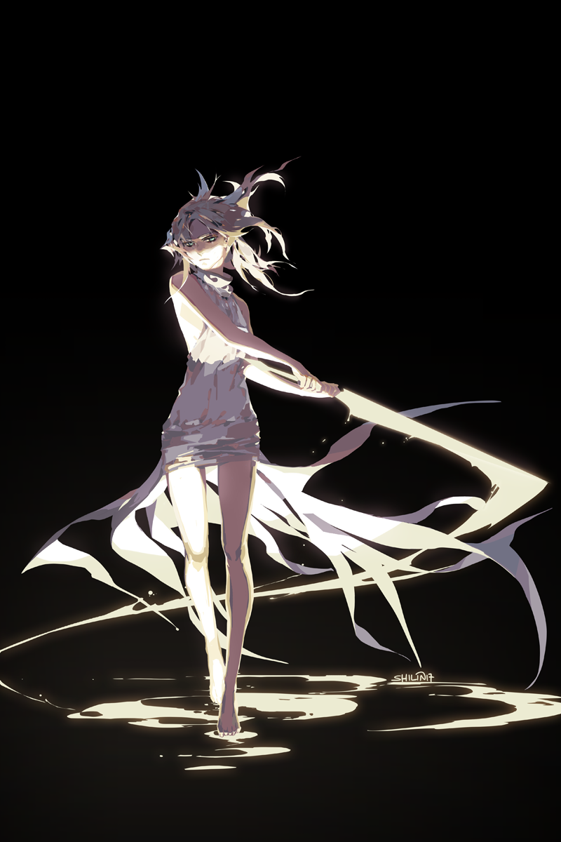 1girl barefoot blue_eyes carciphona dark_background dress energy_sword highres shilin signature solo sword veloce_visrin weapon white_dress white_hair