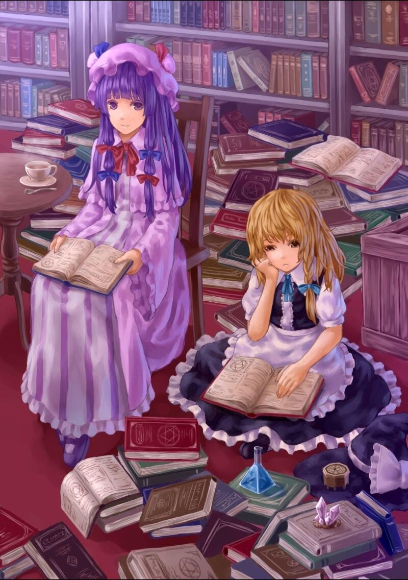 2girls black_hat blue_bow book book_stack bookshelf bow chair crystal cup hair_bow hat hat_bow hat_removed hat_ribbon headwear_removed holding holding_book kirisame_marisa long_hair long_sleeves looking_at_another mini-hakkero multiple_girls open_book patchouli_knowledge plate puffy_short_sleeves puffy_sleeves purple_hair reading red_bow ribbon short_sleeves sitting smile spoon table tea teacup teiraa touhou violet_eyes white_bow white_ribbon witch_hat