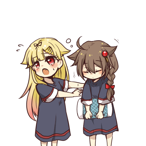 2girls :o alternate_costume artist_request blonde_hair braid brown_hair commentary_request cushion dress fang flying_sweatdrops gradient_hair hair_flaps hair_ornament hair_ribbon hairclip kantai_collection long_hair lowres multicolored_hair multiple_girls pajamas red_eyes remodel_(kantai_collection) ribbon shigure_(kantai_collection) single_braid sleepy sweatdrop younger yuudachi_(kantai_collection)