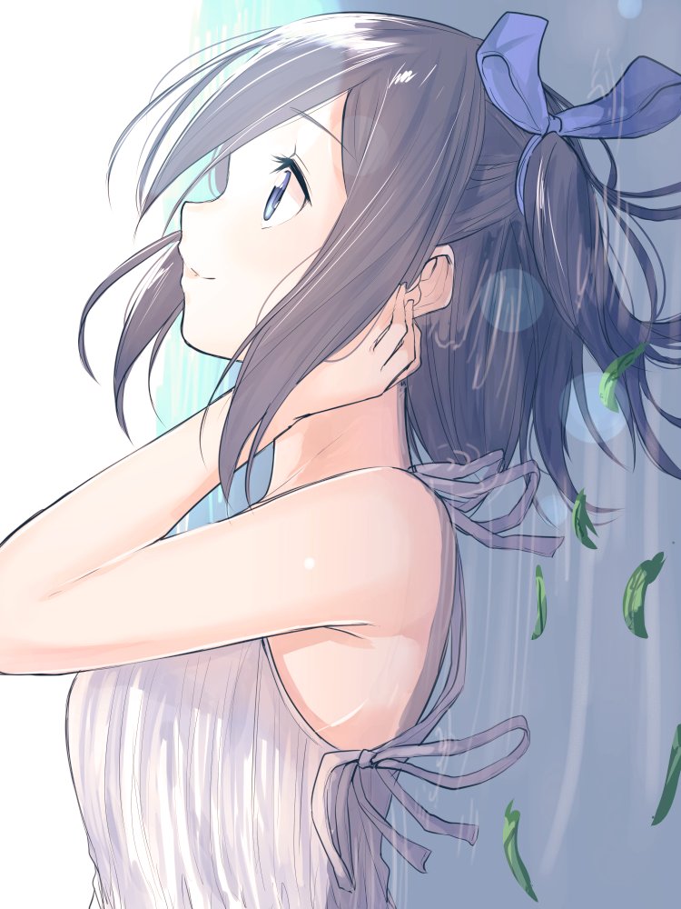 1girl armpit_peek bare_arms black_hair blue_eyes blue_ribbon breasts closed_mouth collarbone dress ears eyebrows_visible_through_hair from_side grey_dress hair_ribbon hand_up leaf lens_flare looking_to_the_side looking_up nape original profile ribbon shiny shiny_hair short_hair side_ponytail smile solo sunlight suzunari_shizuku upper_body yuki_arare