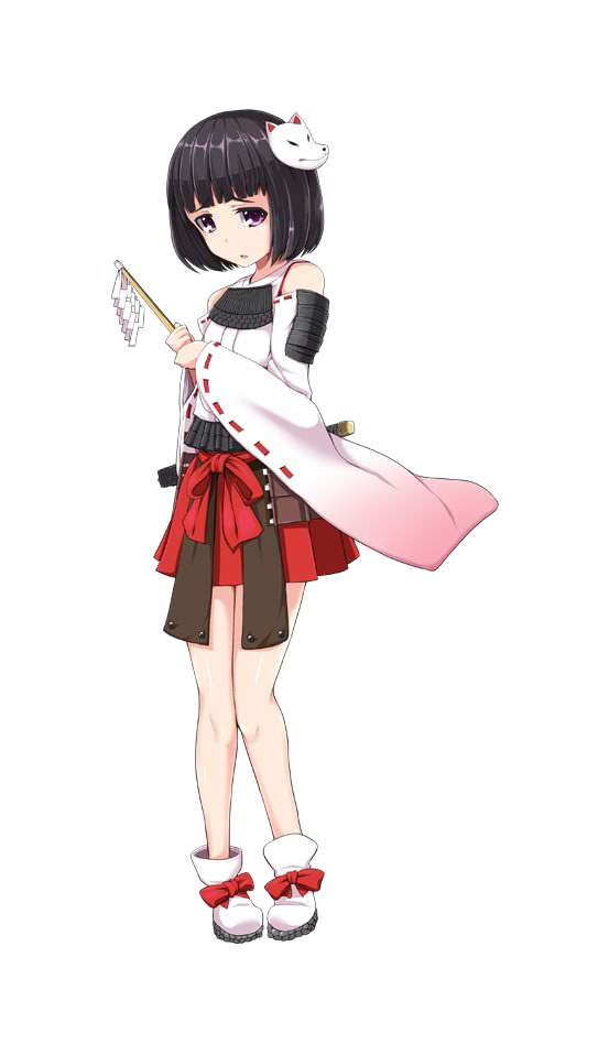 1girl bare_shoulders black_hair detached_sleeves fox_mask full_body japanese_clothes kichihachi mask miko nontraditional_miko oshiro_project oshiro_project_re pleated_skirt red_skirt short_hair skirt solo transparent_background violet_eyes yatome_(oshiro_project)