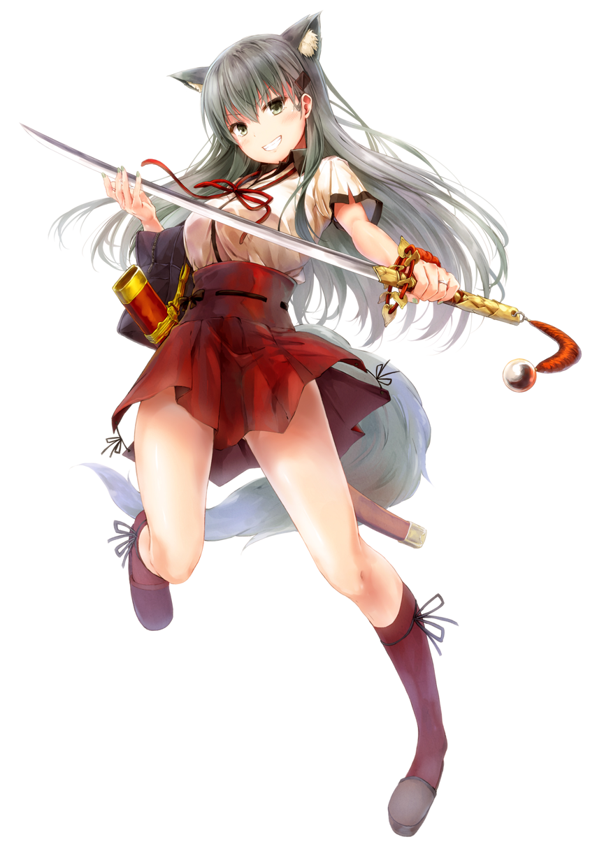 1girl animal_ears aqua_hair boots breasts cosplay full_body green_eyes green_nails grin hair_ornament hairclip hakama highres holding holding_sword holding_weapon japanese_clothes jewelry long_hair looking_at_viewer medium_breasts nail_polish red_boots red_hakama red_legwear ring saber_(fate/extra_ccc_fox_tail) saber_(fate/extra_ccc_fox_tail)_(cosplay) short_sleeves simple_background smile solo suien suzuya_(kantai_collection) sword tail weapon wedding_band white_background