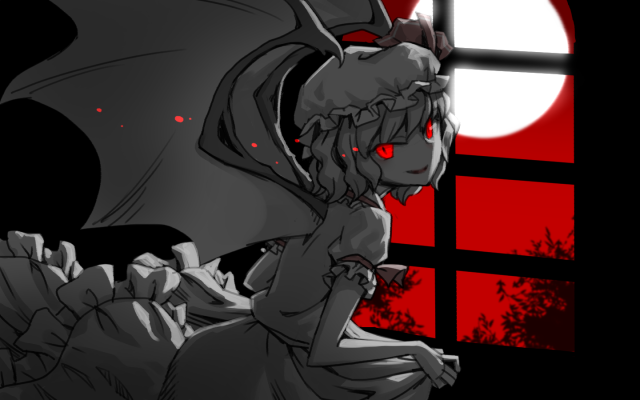 1girl bat_wings full_moon hat holding_skirt looking_at_viewer looking_back meitei moon red_eyes red_sky remilia_scarlet ribbon skirt sky smile solo spot_color touhou vampire window wings